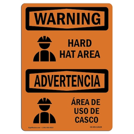 OSHA WARNING Sign, Hard Hat Area Bilingual, 24in X 18in Rigid Plastic